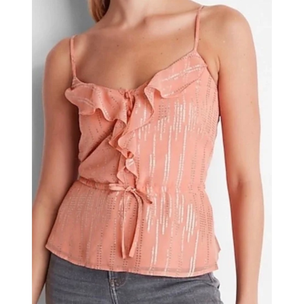 Express‎ Metallic Ruffle Button Up Peplum Cami Peach Coral XL NWT
